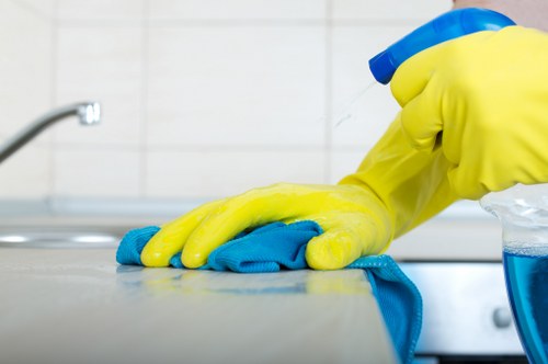 Cleaner working on hard-to-reach windows in Dulwich